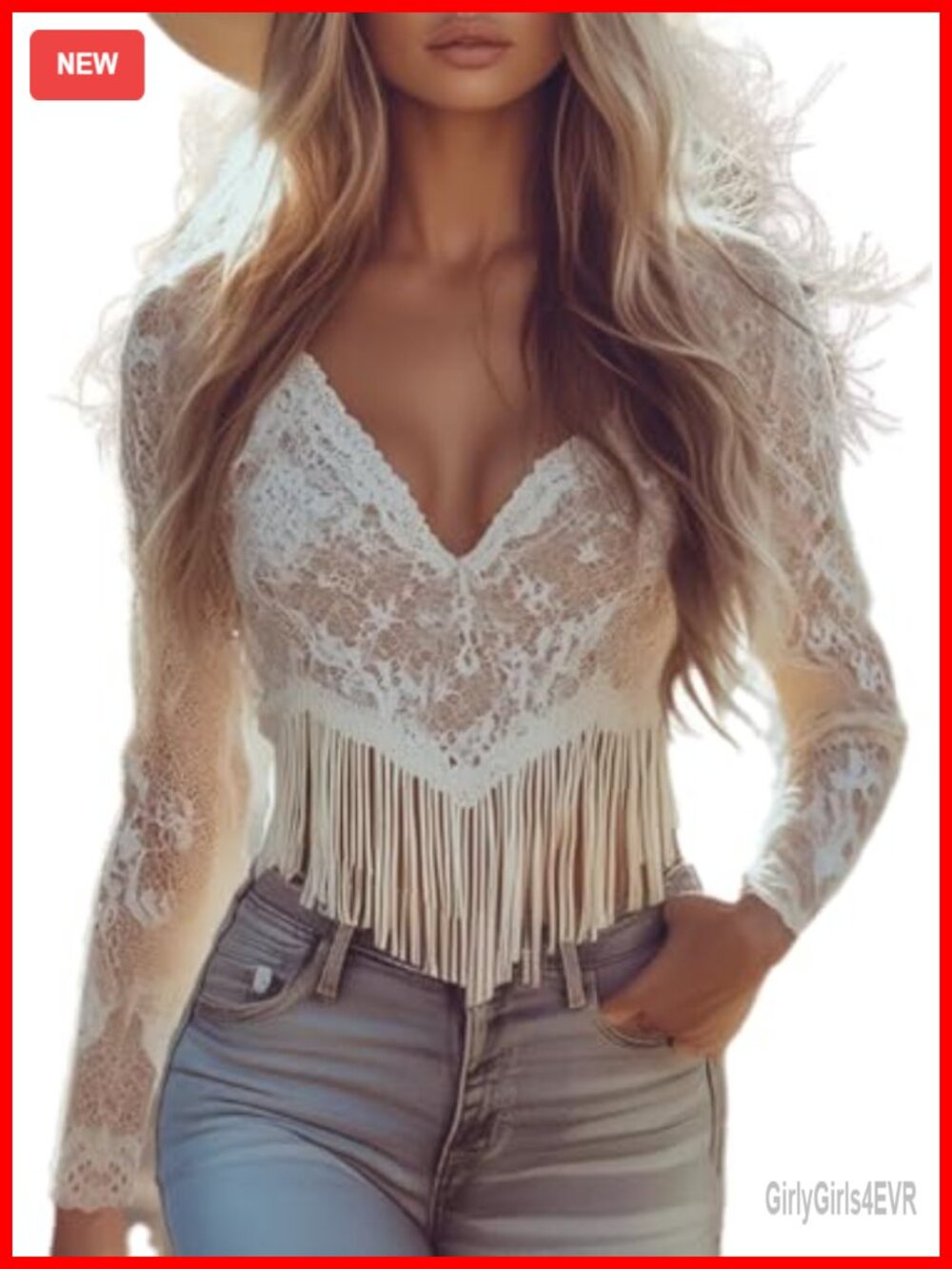 Fringe See Through Sheer Lace V-Neck Long Sleeve Western Cowgirl Top